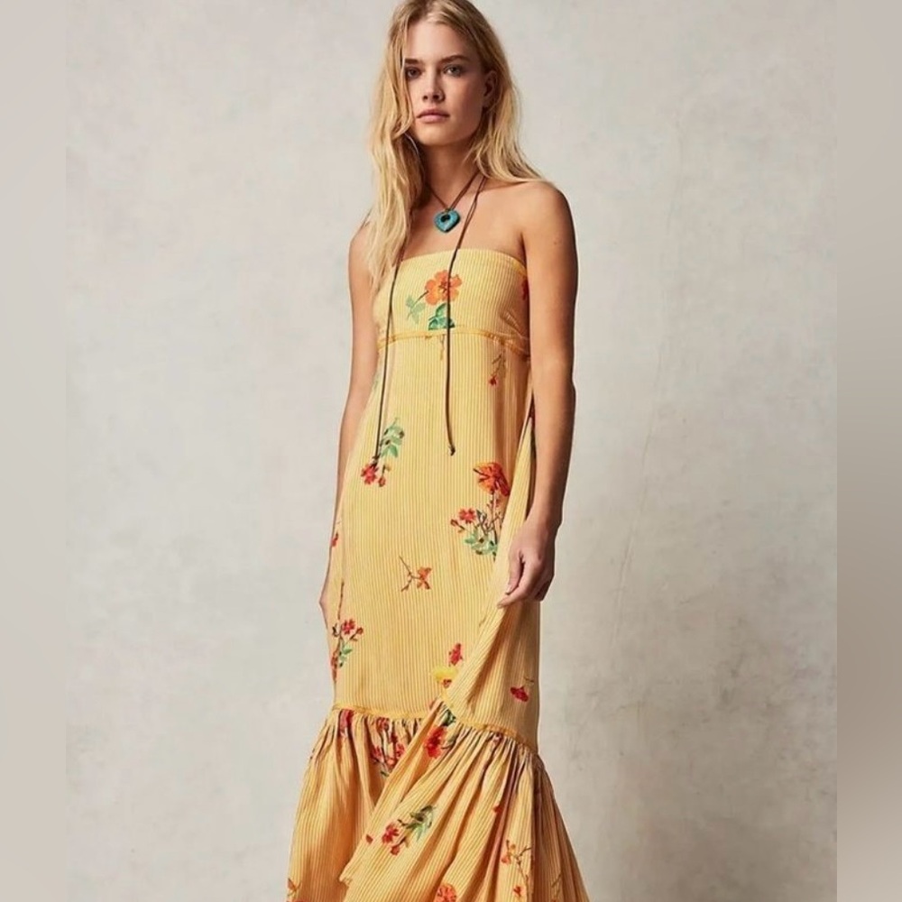 Free People Yellow/orange floral Strapless Long Sundress